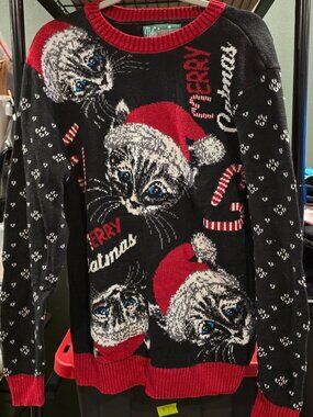 Ugly Christmas sweater sz large Womens Merry Catmas Cat black sweater party